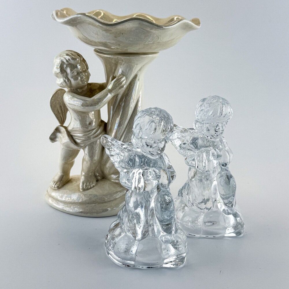 Iridescent Cherub Compote & Pressed Glass Angel Candle Holder Set Vintage Decor